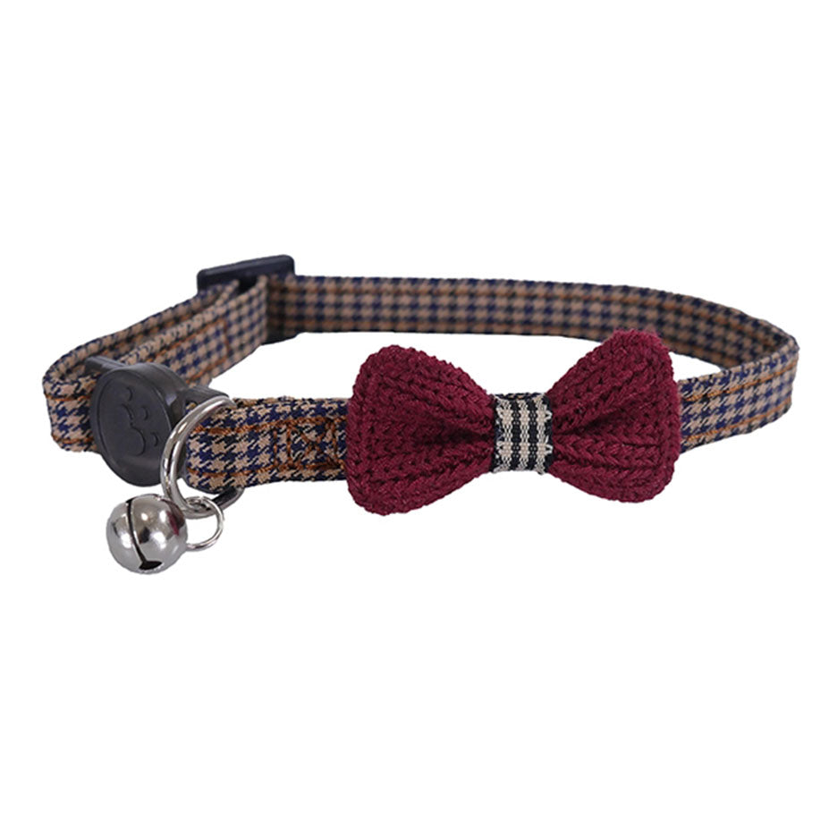 Designer burgundy bow dogtooth cat collar